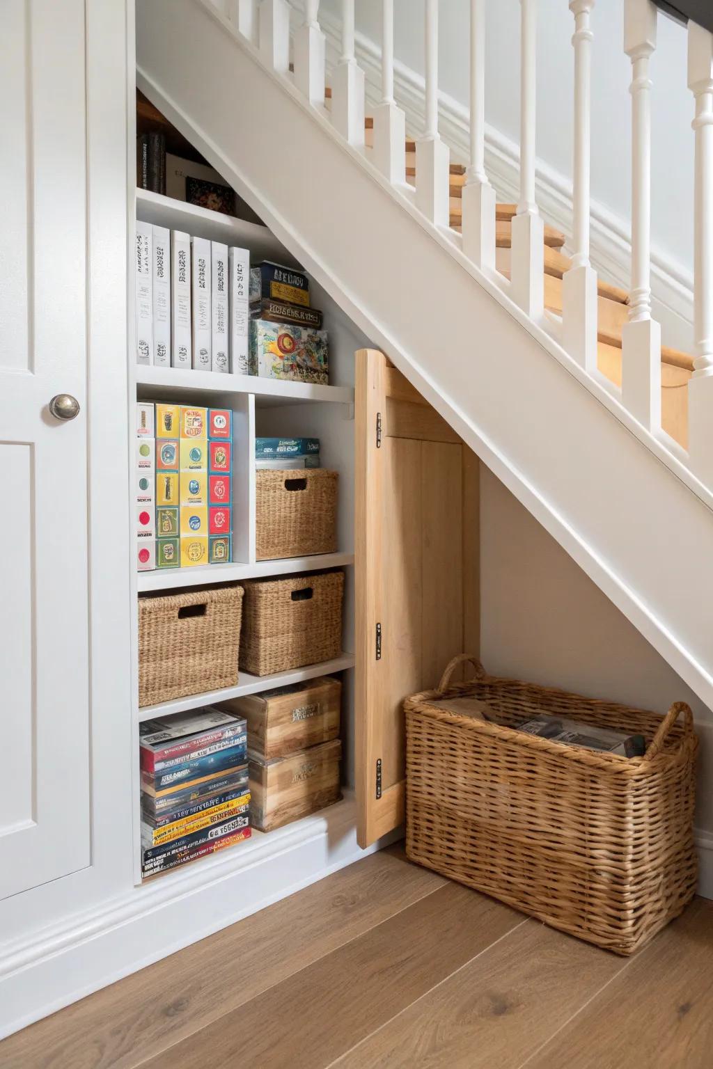 Under-stairs game cupboard with birch dividers—upright boxes, zero avalanches, all calm.