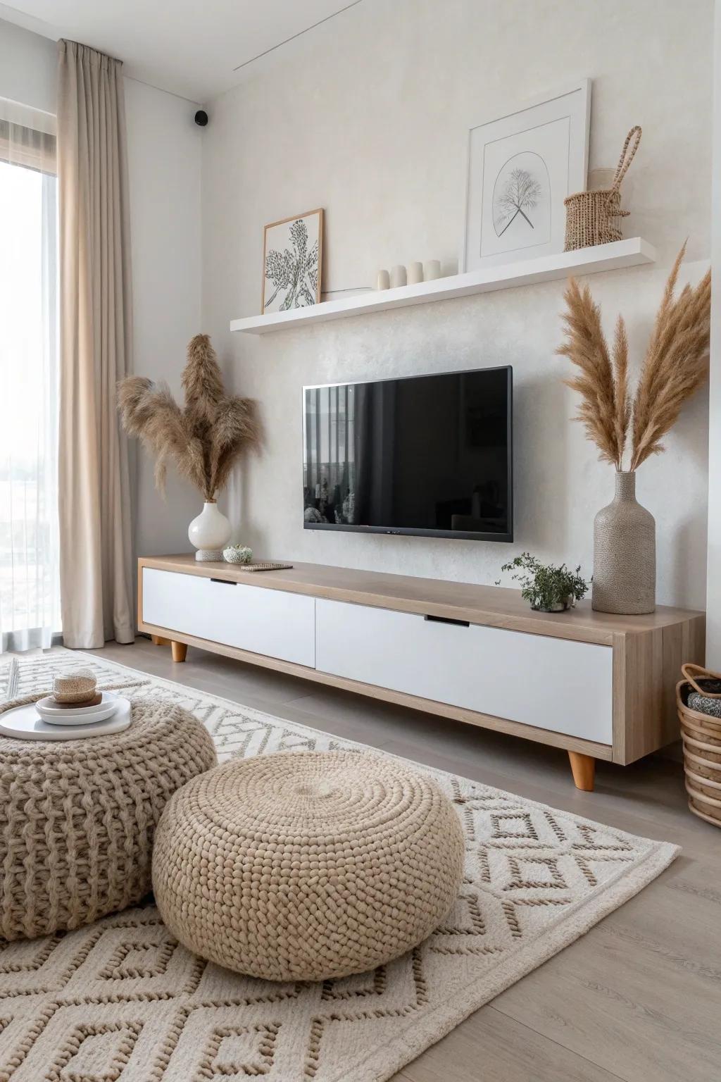 Nested poufs tucked under a floating shelf—extra seating without stealing precious floor space.