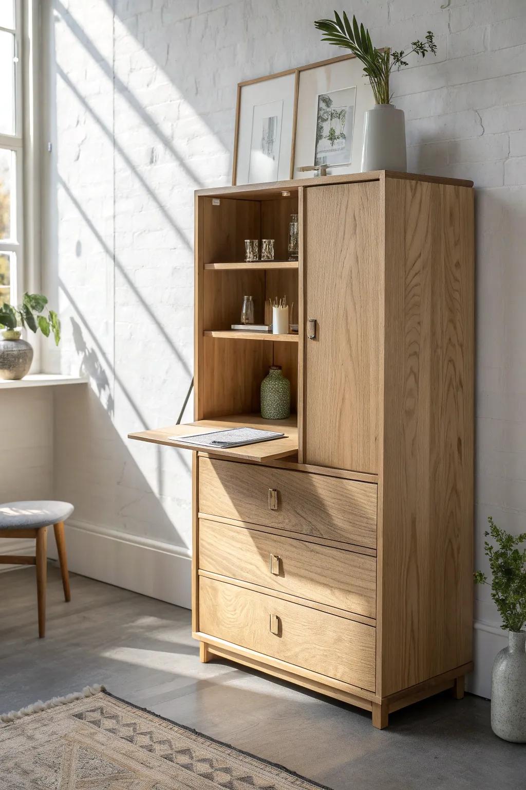 A fold-down desk cabinet that vanishes when closed—perfect for a sleek loft landing.
