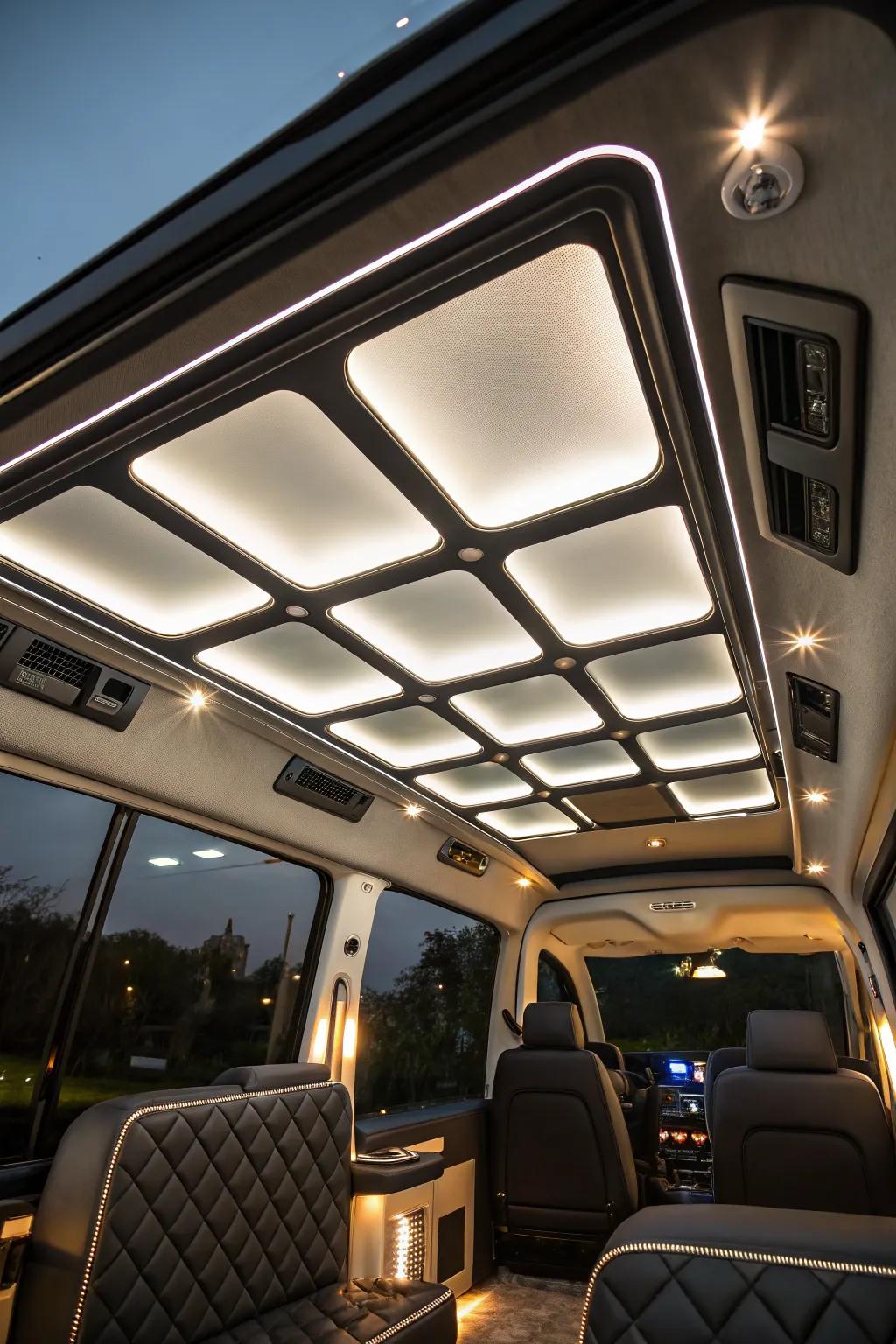 Transform your van with elegant backlit ceiling panels for a cozy, modern vibe.