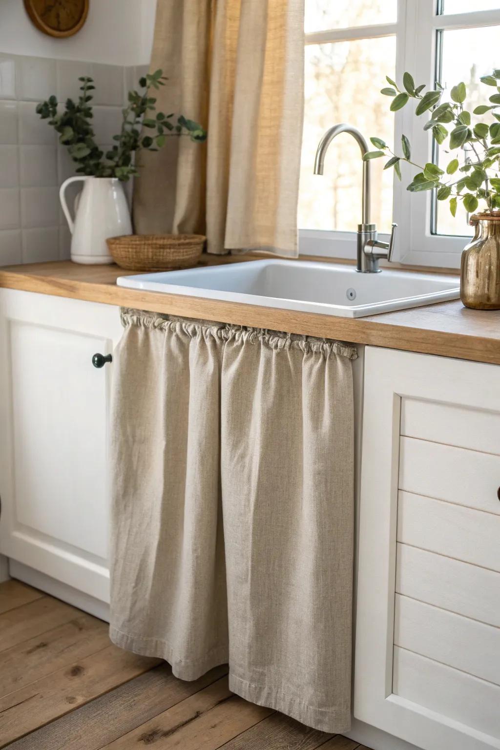 A washable linen curtain instantly hides under-sink clutter—budget-friendly and renter-approved.