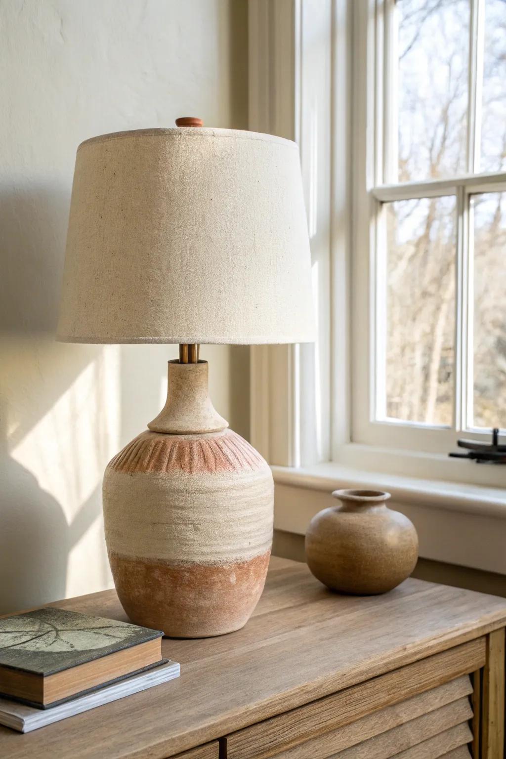 A unified neutral palette—ivory, sand, and a hint of terracotta—calms a tiny studio.