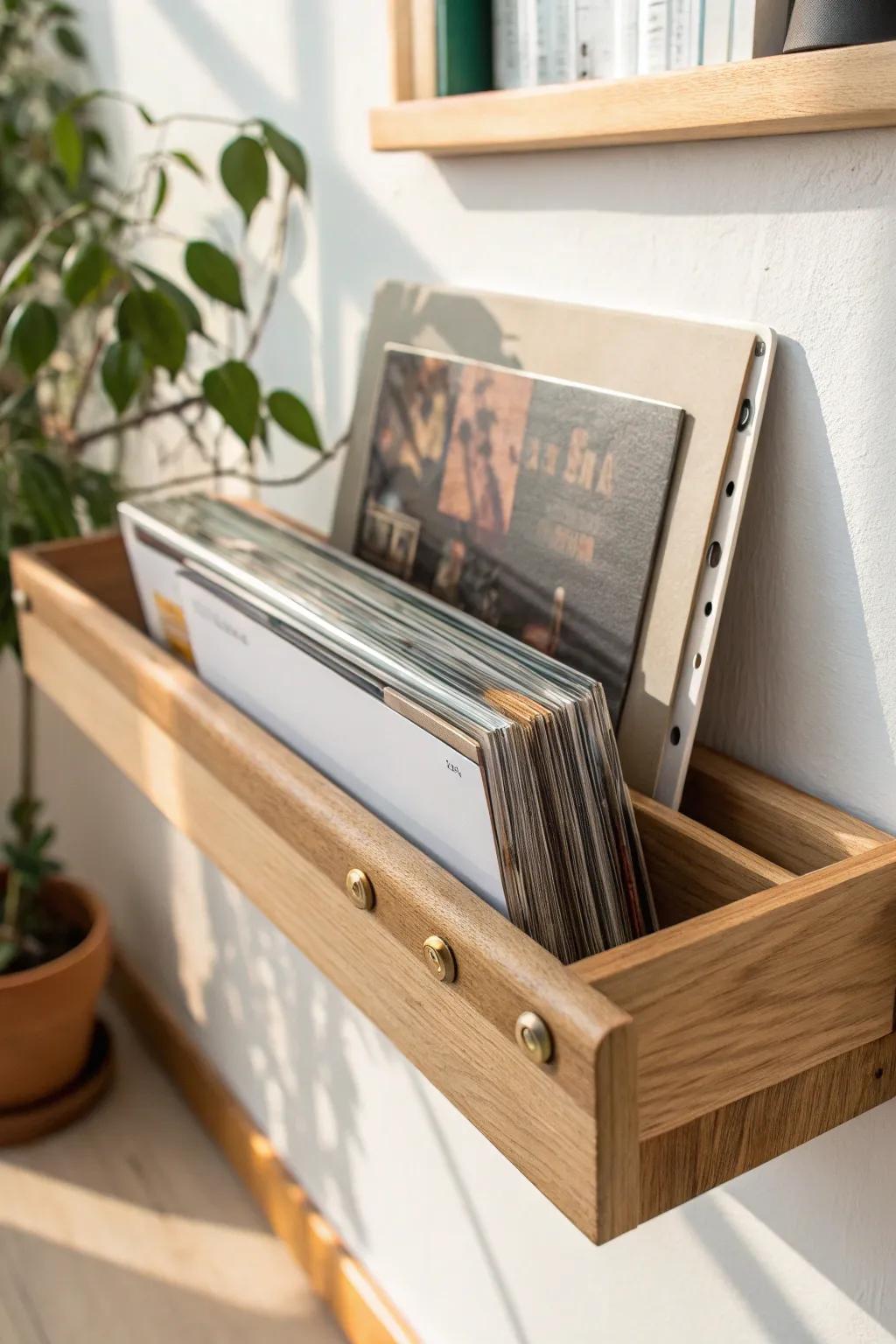 A sleek under-shelf hanging slot keeps one favorite album cover on display in tight spaces.