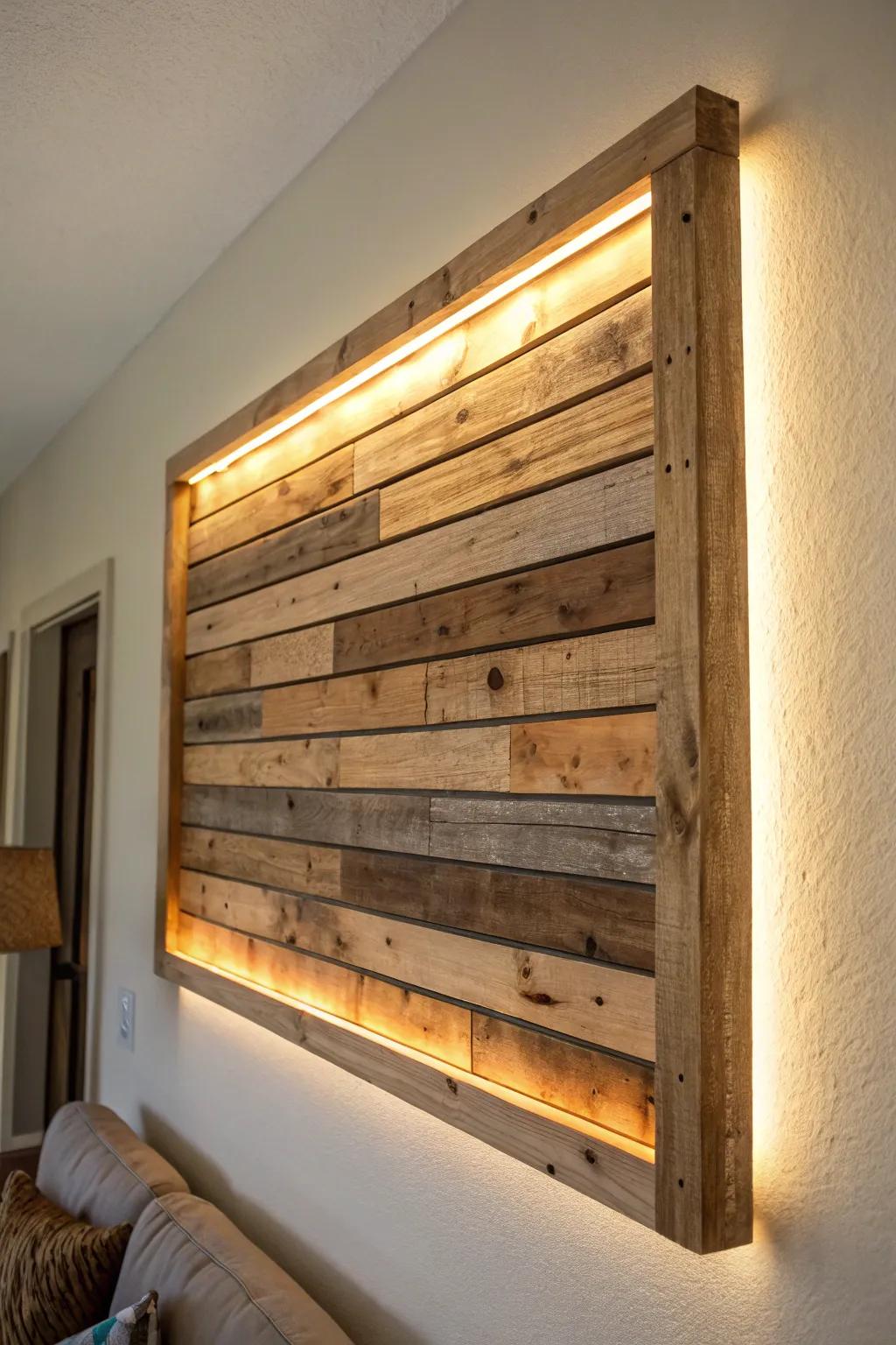 DIY backlit pallet panel: reclaimed wood slats with a warm glow peeking through the gaps.