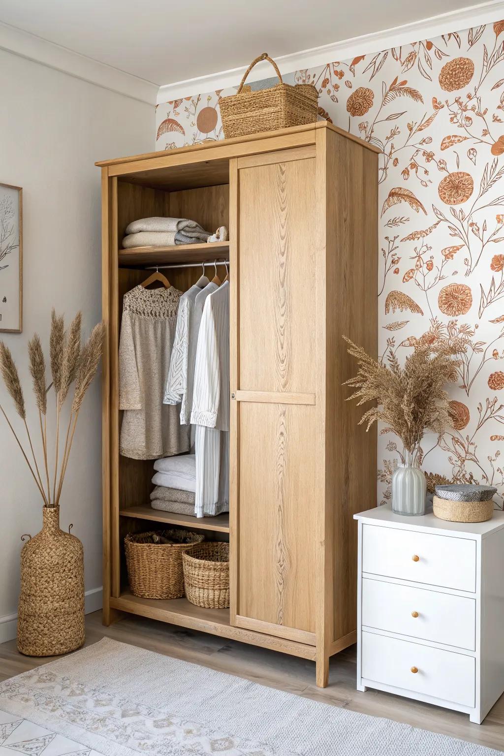 Peel-and-stick wallpaper turns a simple open wall closet into a styled built-in moment.