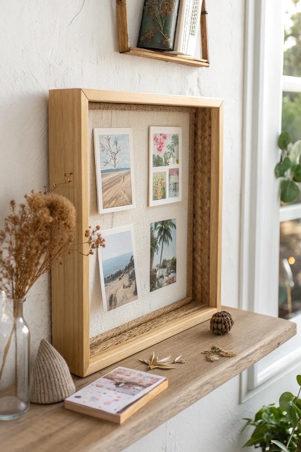 A corner shadowbox turns postcards and tiny keepsakes into a calm, personal mini museum.