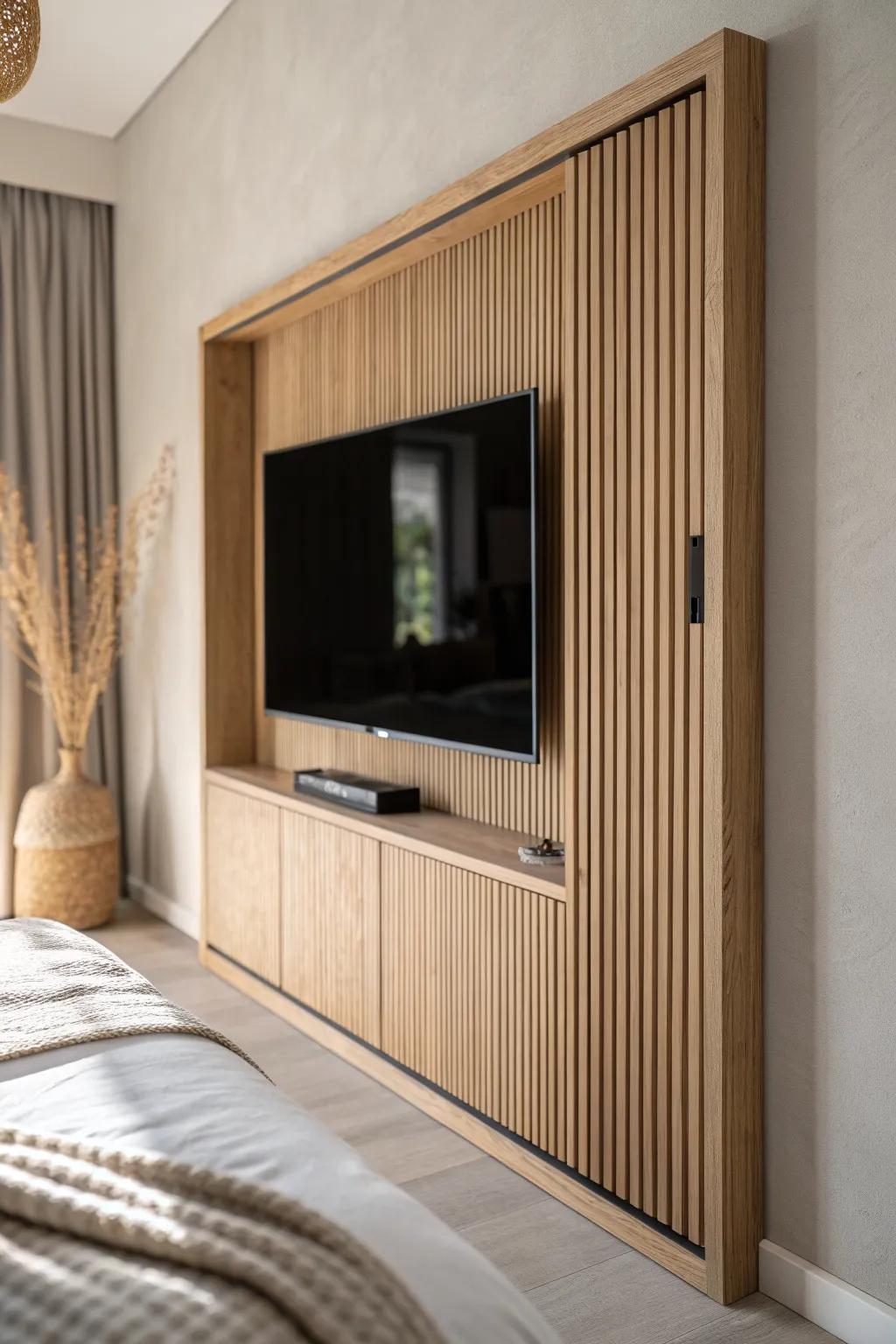 A sliding wood panel hides the TV like modern wall art—calm, clean, and bedroom-friendly.