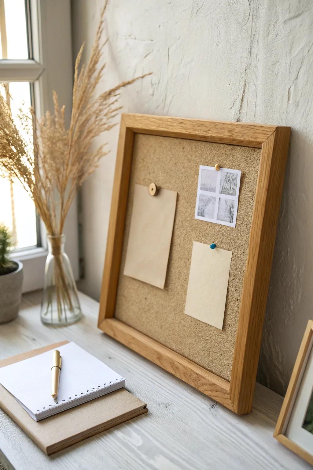 Art-meets-function: a gallery frame that hides a chic cork memo board for tiny wall offices.