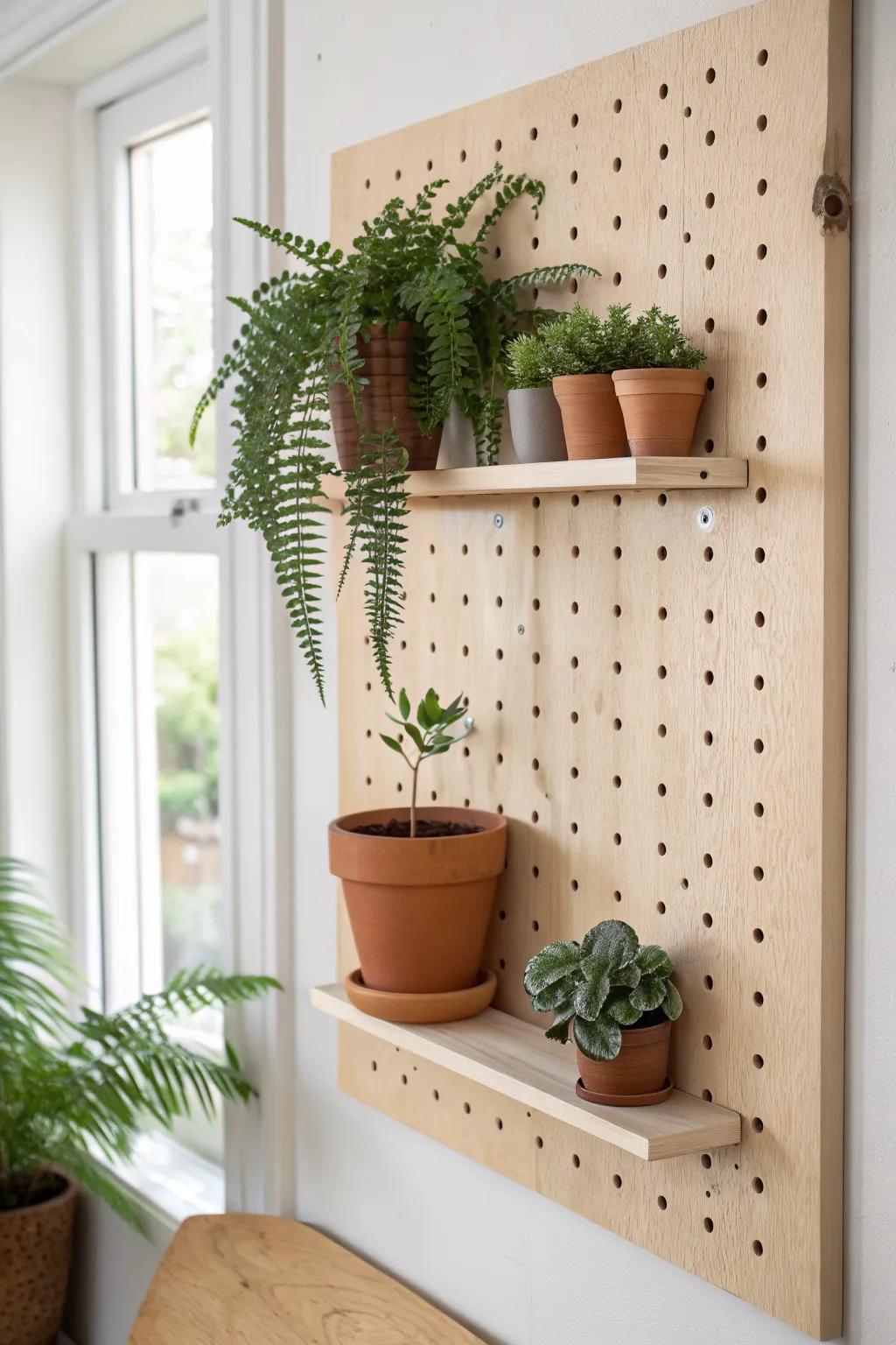 Pegboard plant wall with mini shelves—clean, flexible greenery that grows with your space.