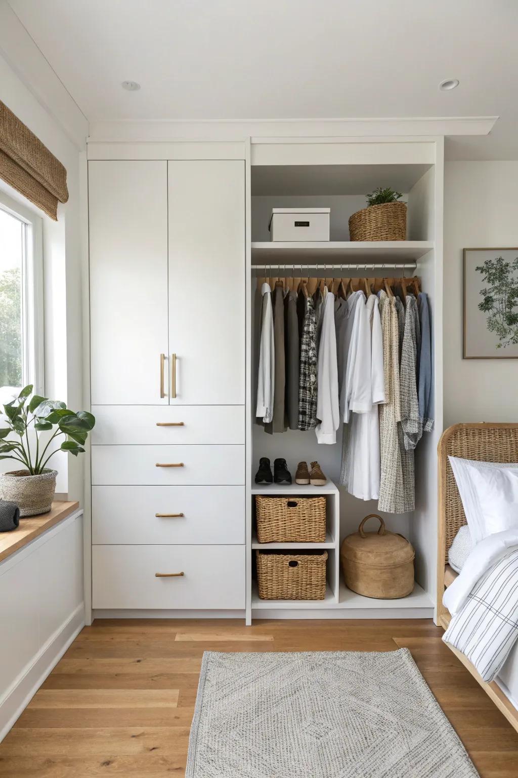 Stepped closet: deep dresser drawers below, airy shallow hanging + shelves above—perfect for small rooms.