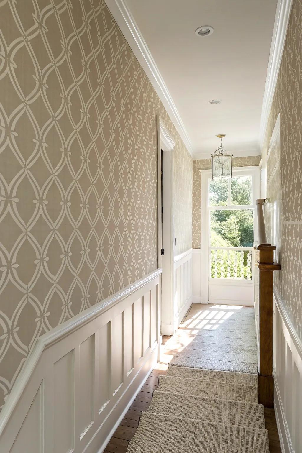 Tone-on-tone hallway wallpaper in soft greige—subtle texture for an instant quiet-luxury look.