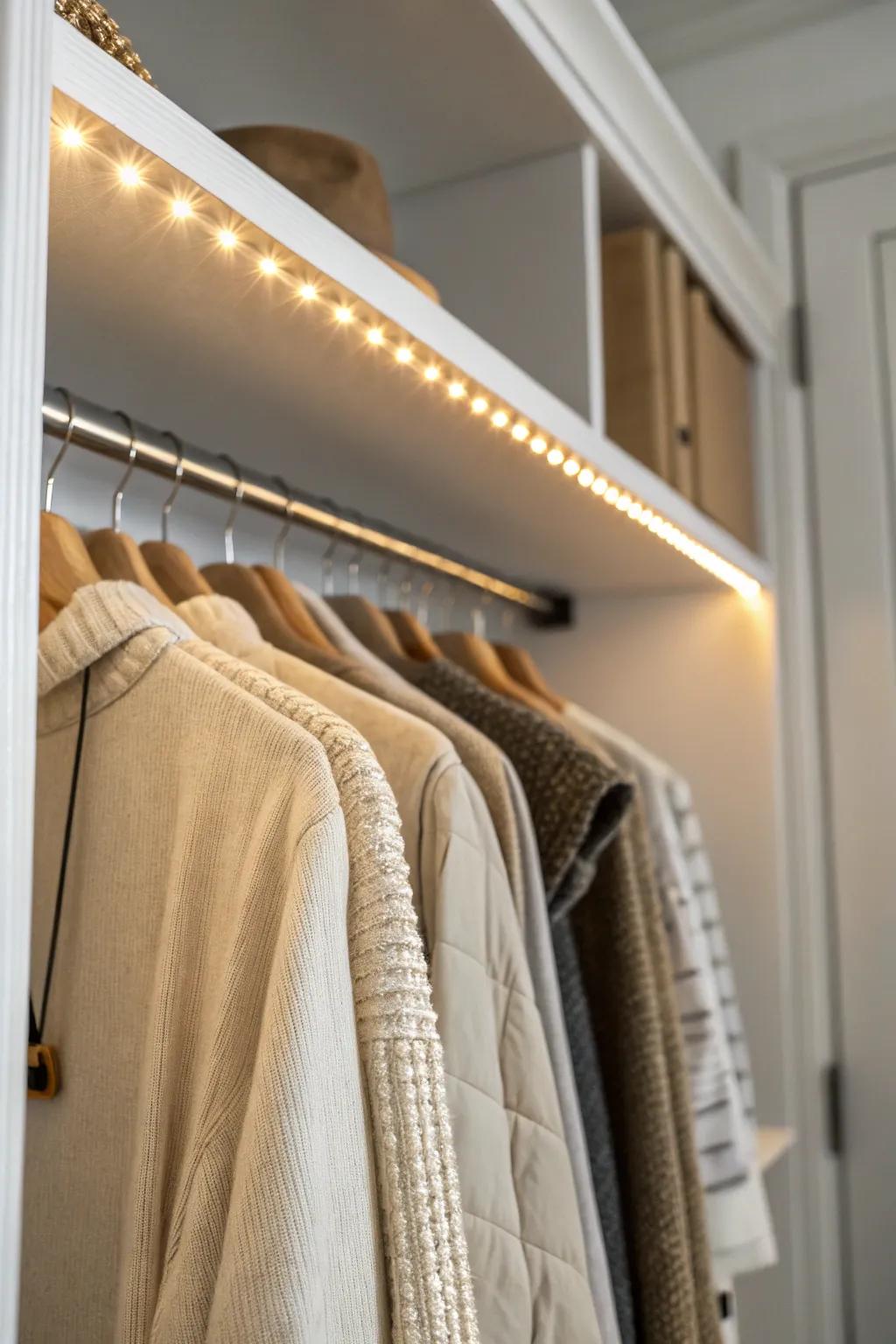 Motion-activated LED strip lighting makes every outfit visible—no more shadowy wardrobe corners.