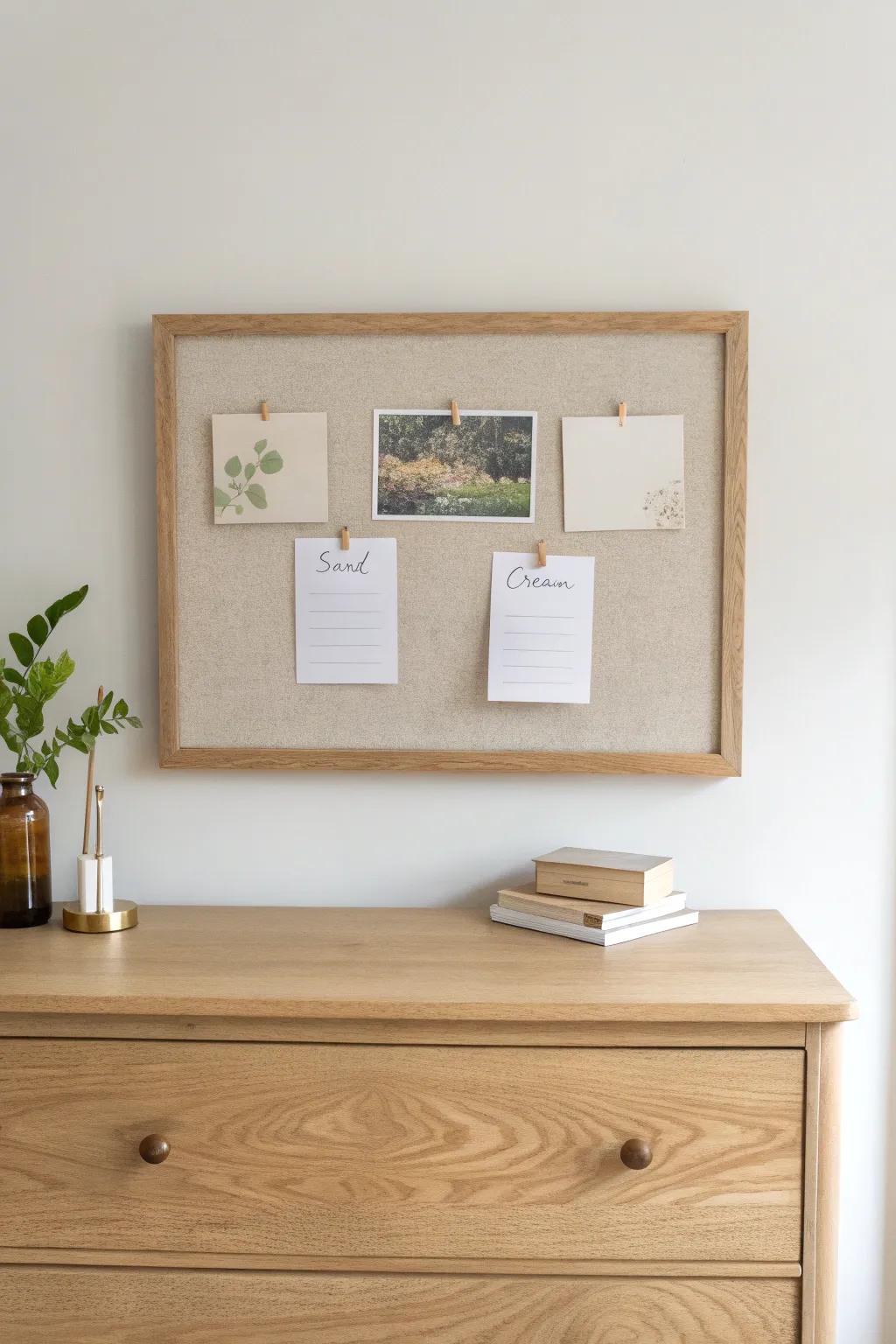 A curated pinboard above the dresser—fabric swatches, mini art, and a neat to‑do list.