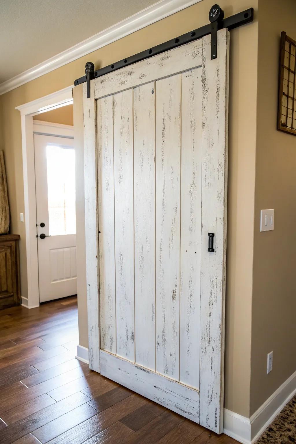 Soft distressed white barn door adds cozy texture, ideal for small spaces and hides fingerprints.