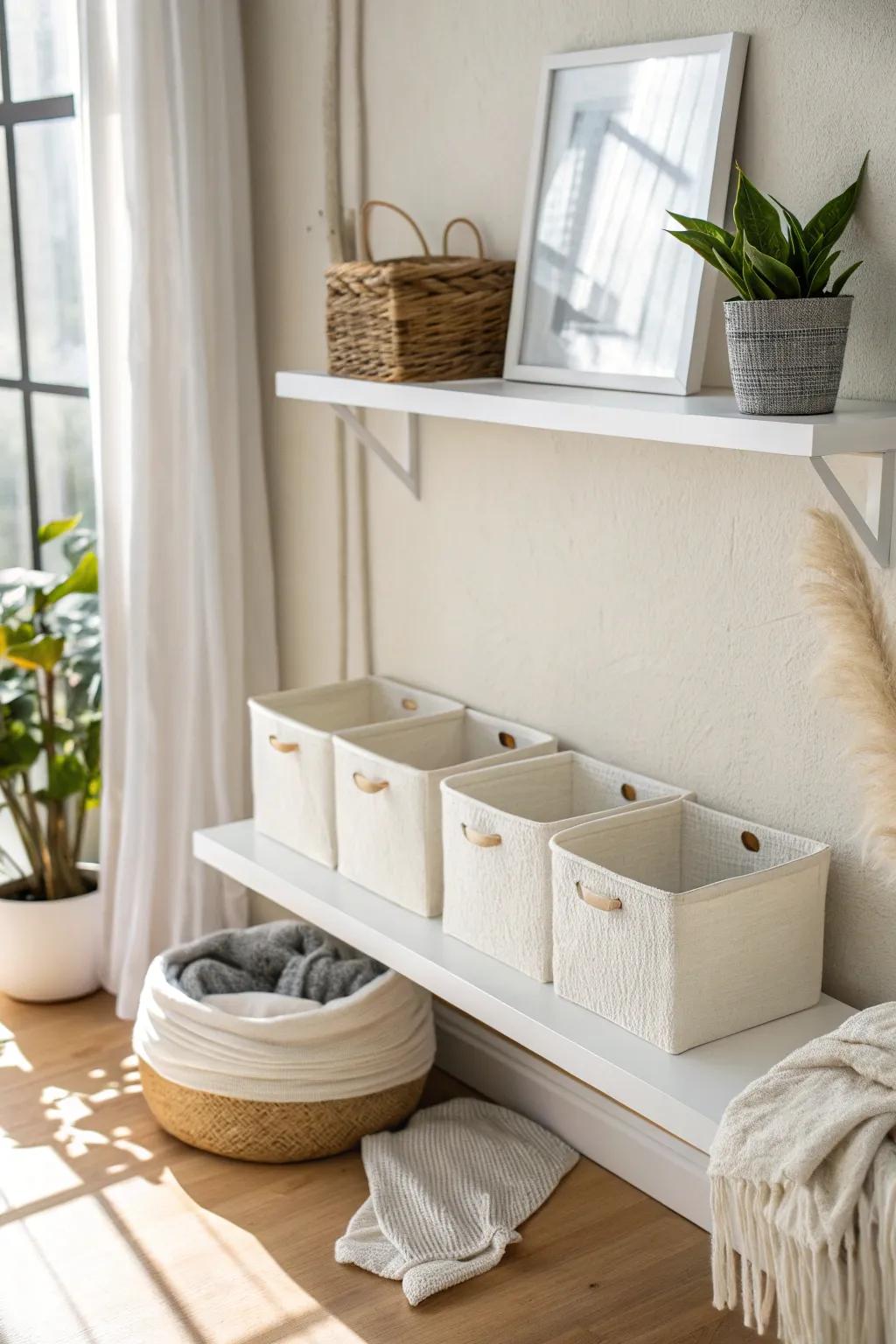 White shelves + matching bins: the calm, hidden-clutter trick for tiny spaces.