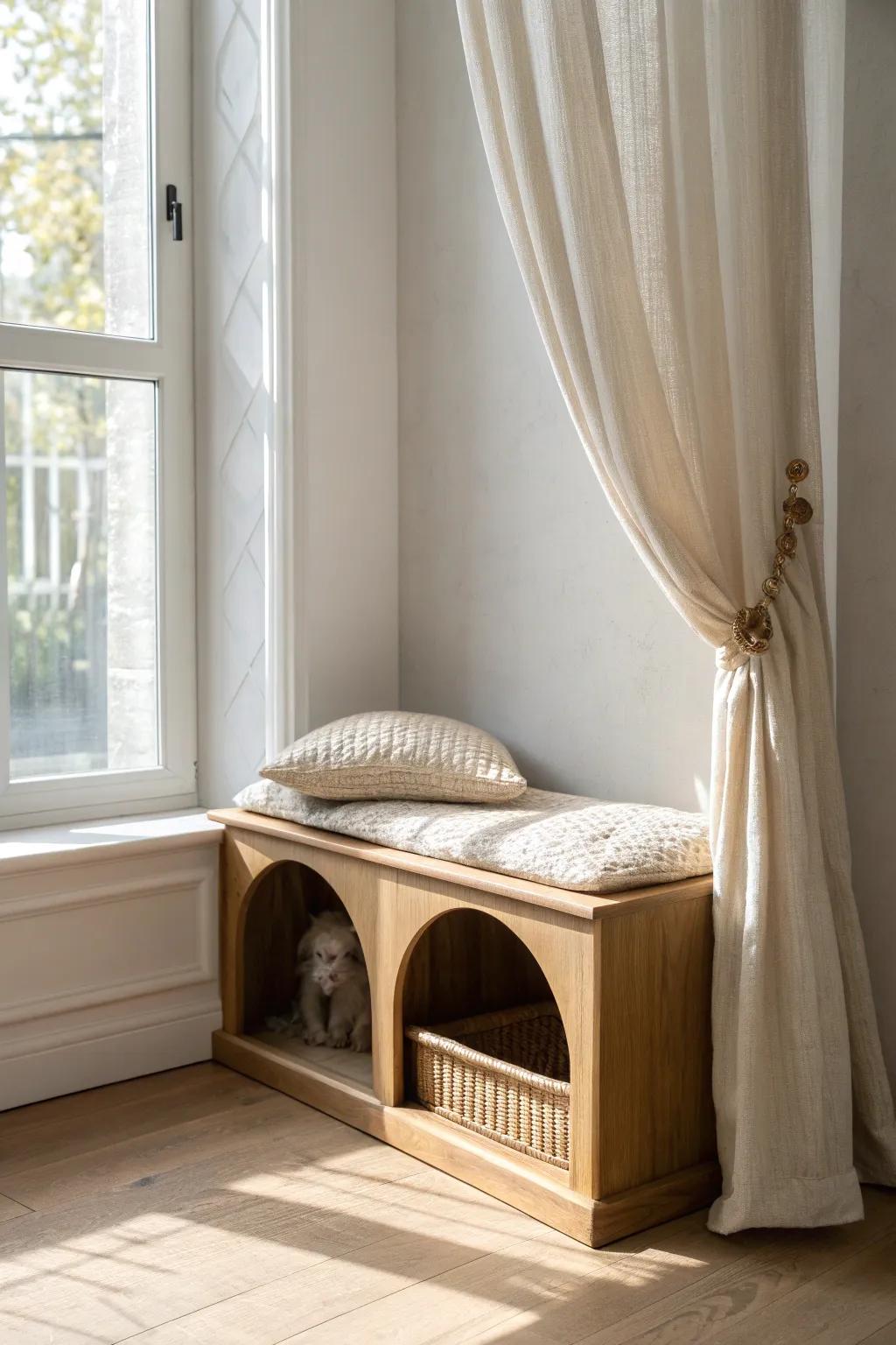 A window bench that doubles as a chic hidden pet den—cozy, tidy, and space-saving.