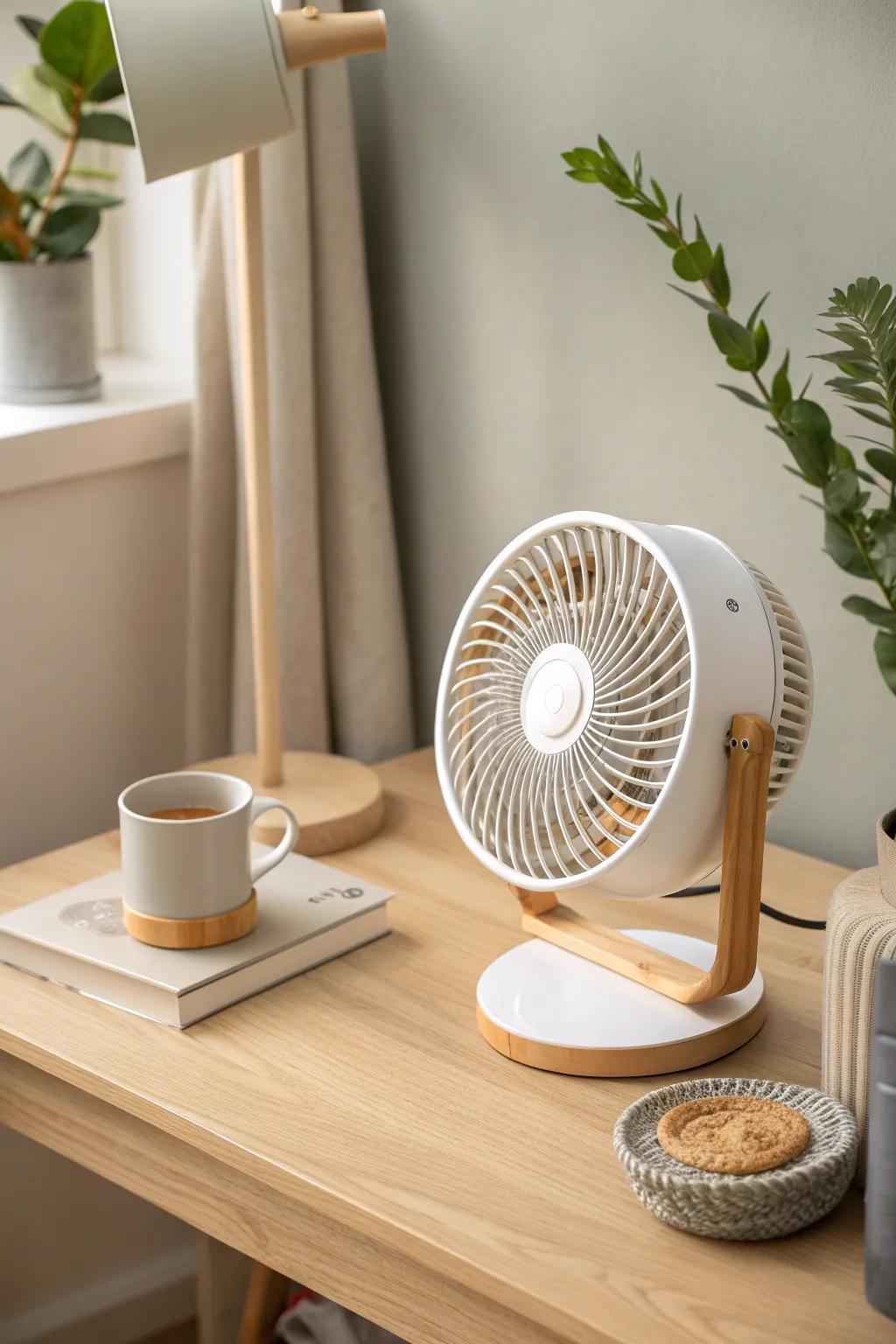 A small circulator fan makes a windowless office feel fresher, calmer, and more focused.