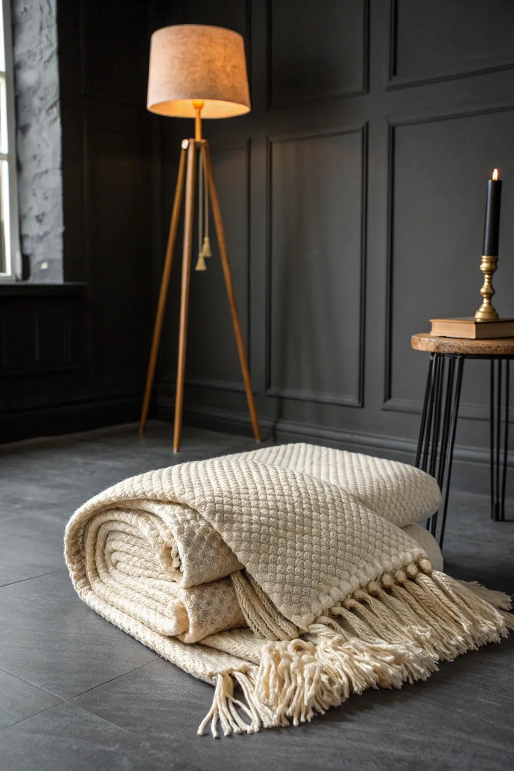 No-window room fix: one artisanal woven throw adds instant depth and cozy cocoon vibes.