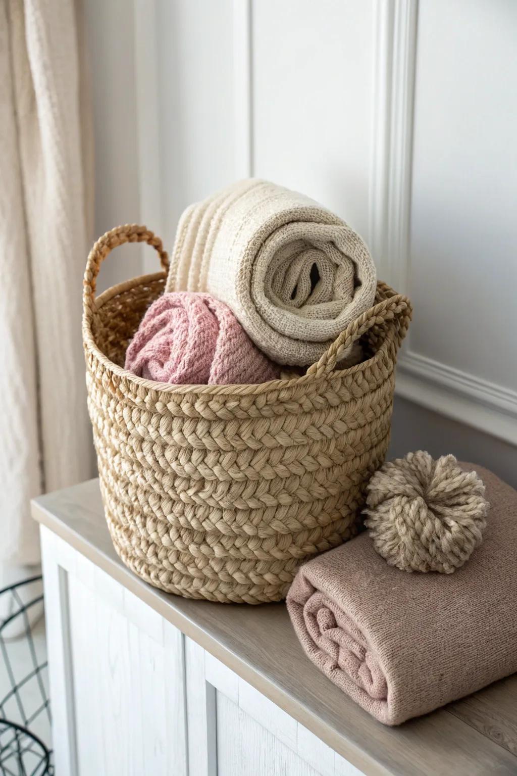 A pretty basket keeps winter scarves and hats tidy, visible, and ready to grab on cold mornings.