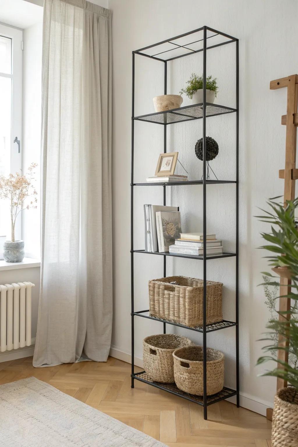 A tall wire bookshelf that divides a studio softly—books on one side, baskets on the other.