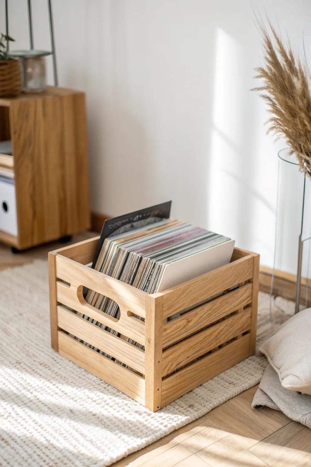 A simple wood crate becomes a chic vinyl bin—tiny-space listening nook vibes, neat and serene.