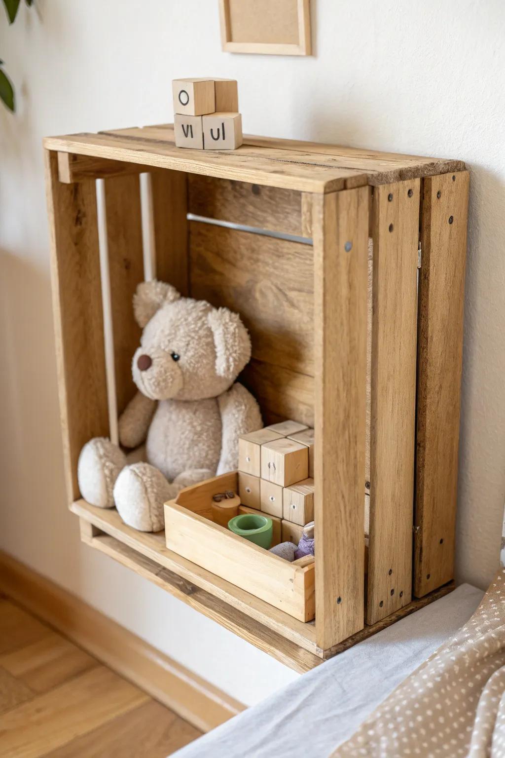 Wall-mounted wooden toy crate cubby—low, simple storage that makes kid cleanup easy.
