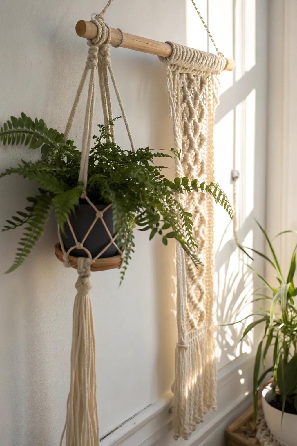 Embrace the art of simplicity with this charming macramé hanger, perfect for adding a touch of nature to your space.