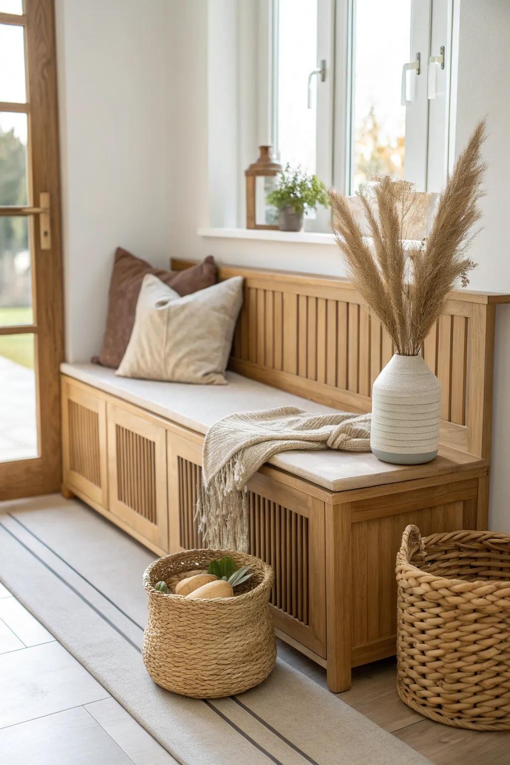 A cozy oak bench divider that doubles as seating and an entry drop zone—minimal yet warm.