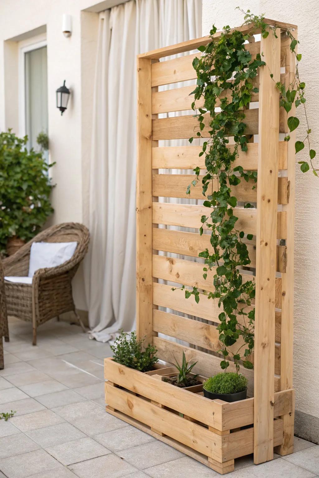 Turn one upright pallet into a chic privacy screen + trellis for small patios and balconies.