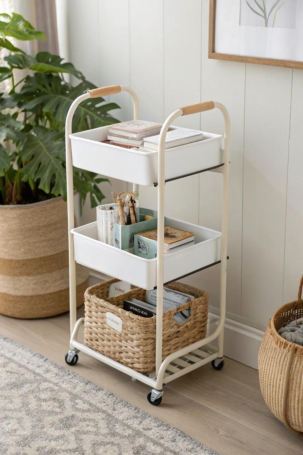 A slim rolling supply cart keeps essentials within reach—top tier daily, bottom tier backups.