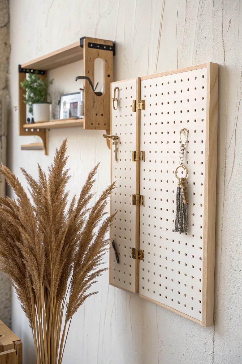 Swing-out pegboard panels: hidden wall storage that opens like a tool book—pretty and practical.