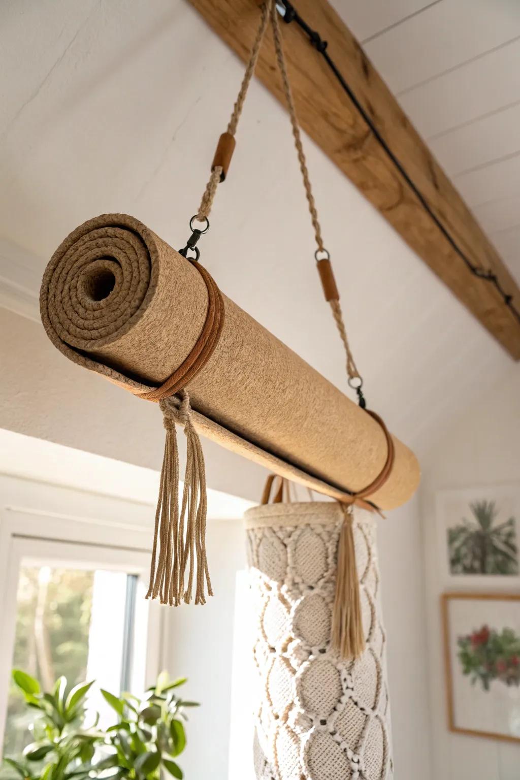 A ceiling-mounted sling keeps your yoga mat up high—minimal, boho, and beautifully out of the way.