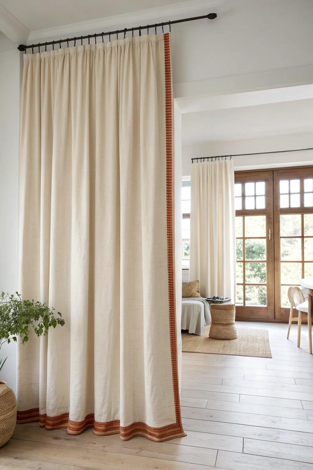A ceiling-hung linen curtain gives your 1-bedroom an instant hotel-tidy reset.