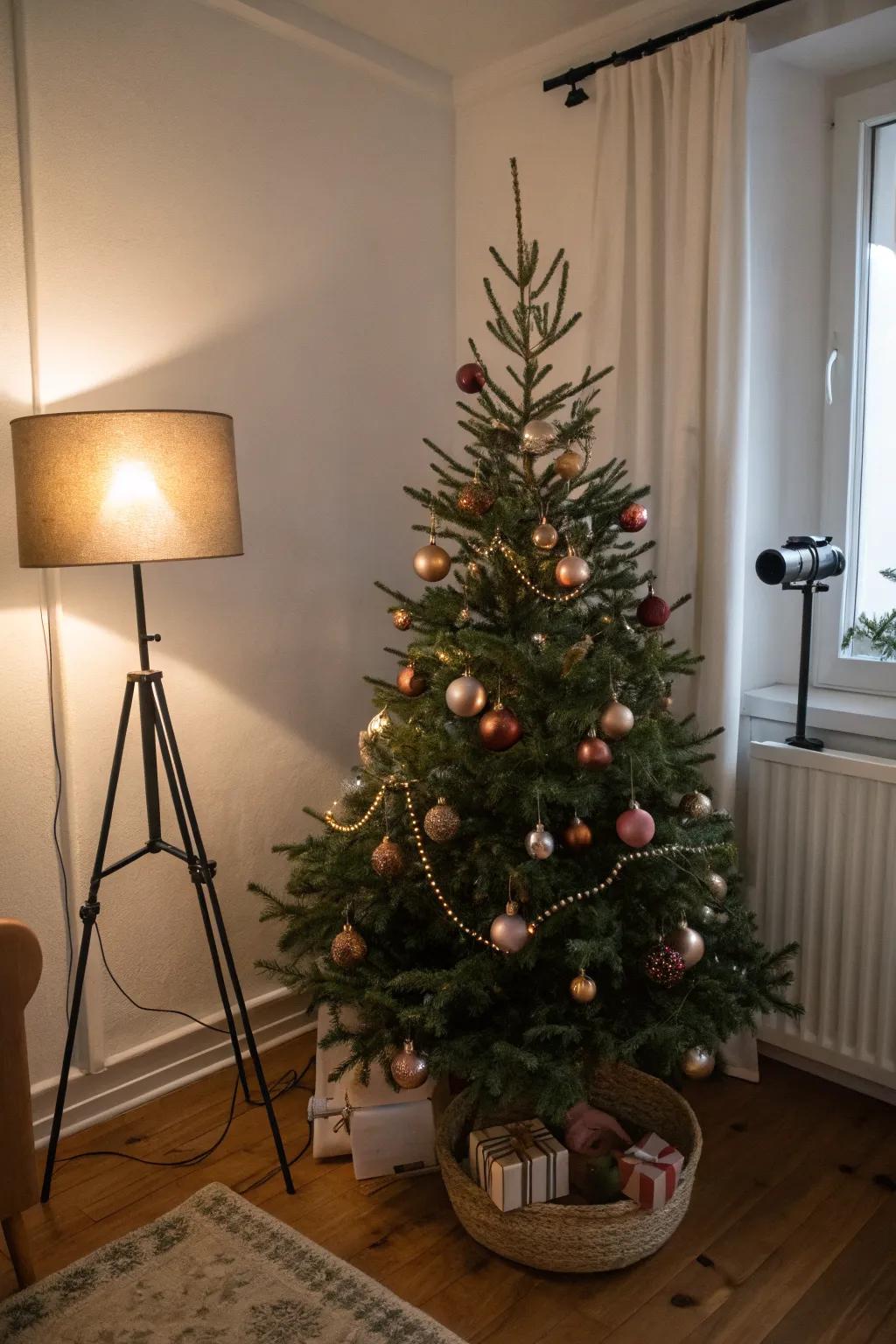 Turn a 4ft tree into a mini art installation—matte ornaments + one warm spotlight for drama.
