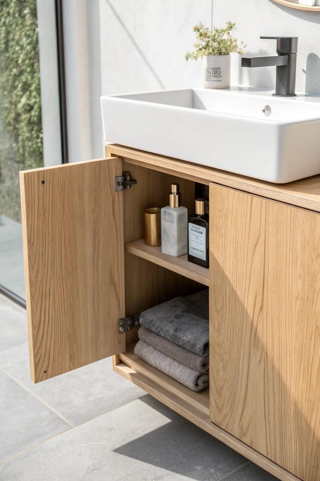 A sleek hinged side panel turns a 5-inch vanity gap into a chic hidden storage surprise.