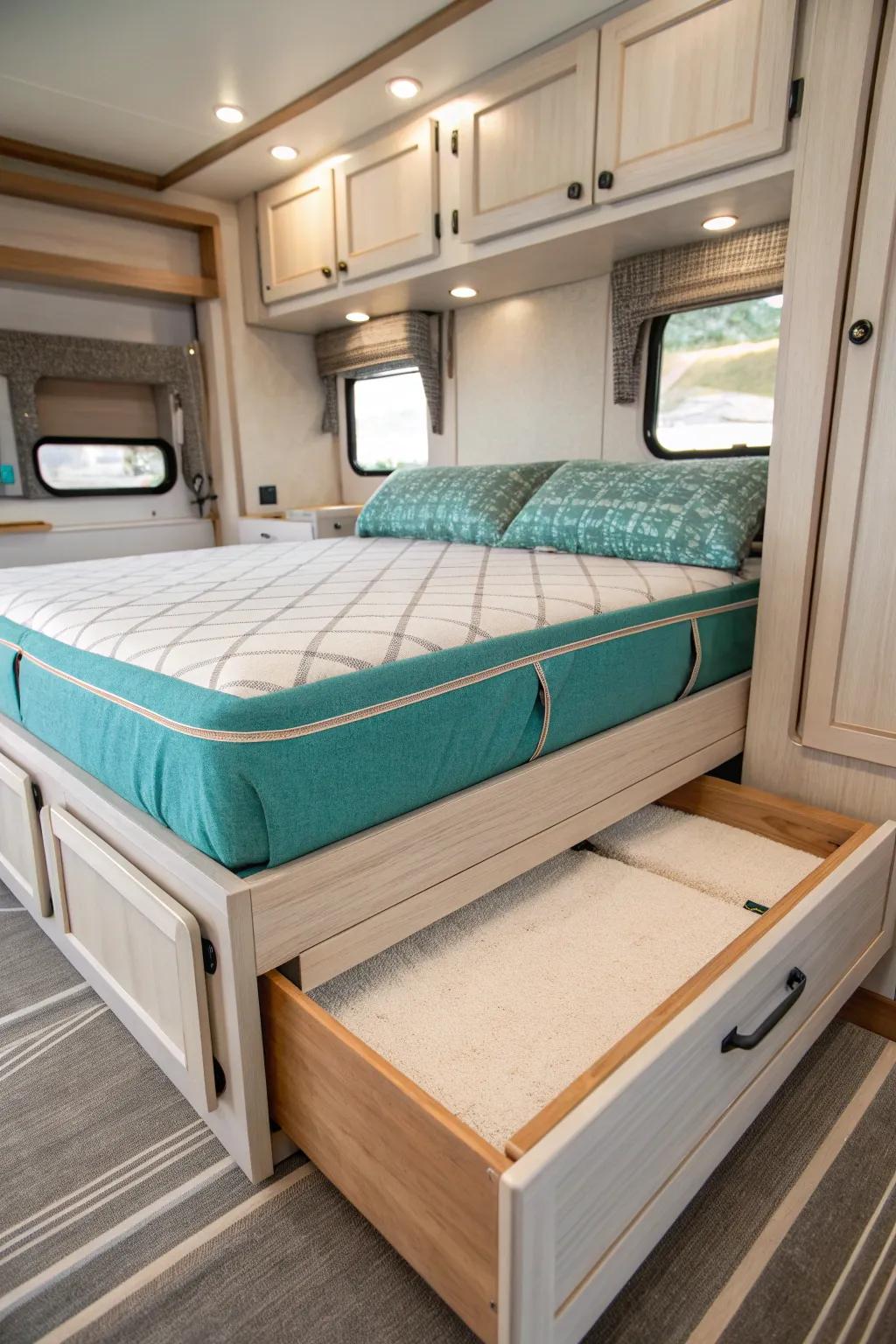 Make a slide-out bed feel built-in with trim + linen panels and a bold painted edge.