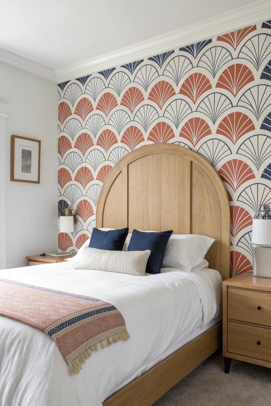 A peel‑and‑stick wallpaper halo turns any bed into a statement—perfect for renters.