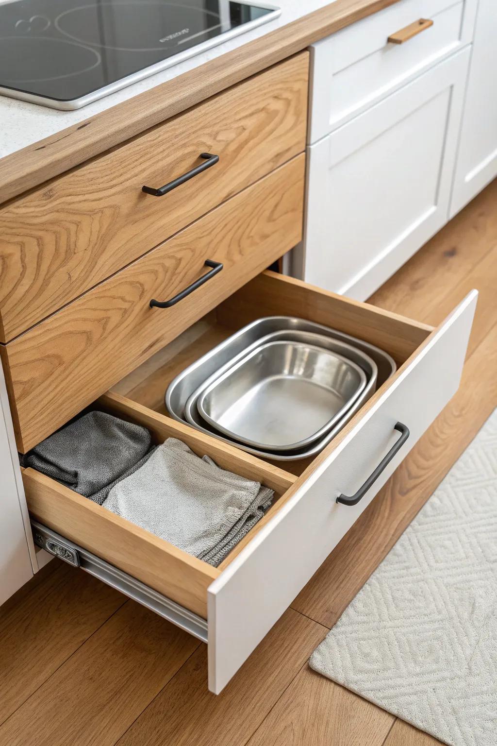 A hidden toe-kick drawer stores baking sheets and placemats—without stealing counter space.