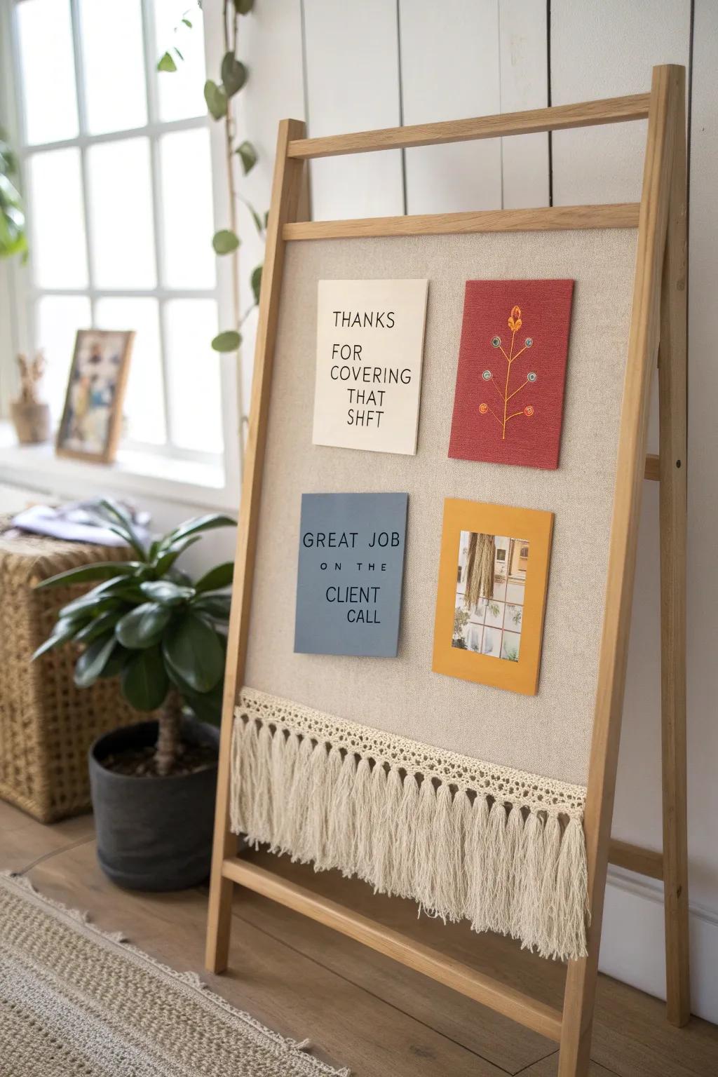 A modern shout-outs board: bold notes, natural textures, and gratitude that feels genuine.