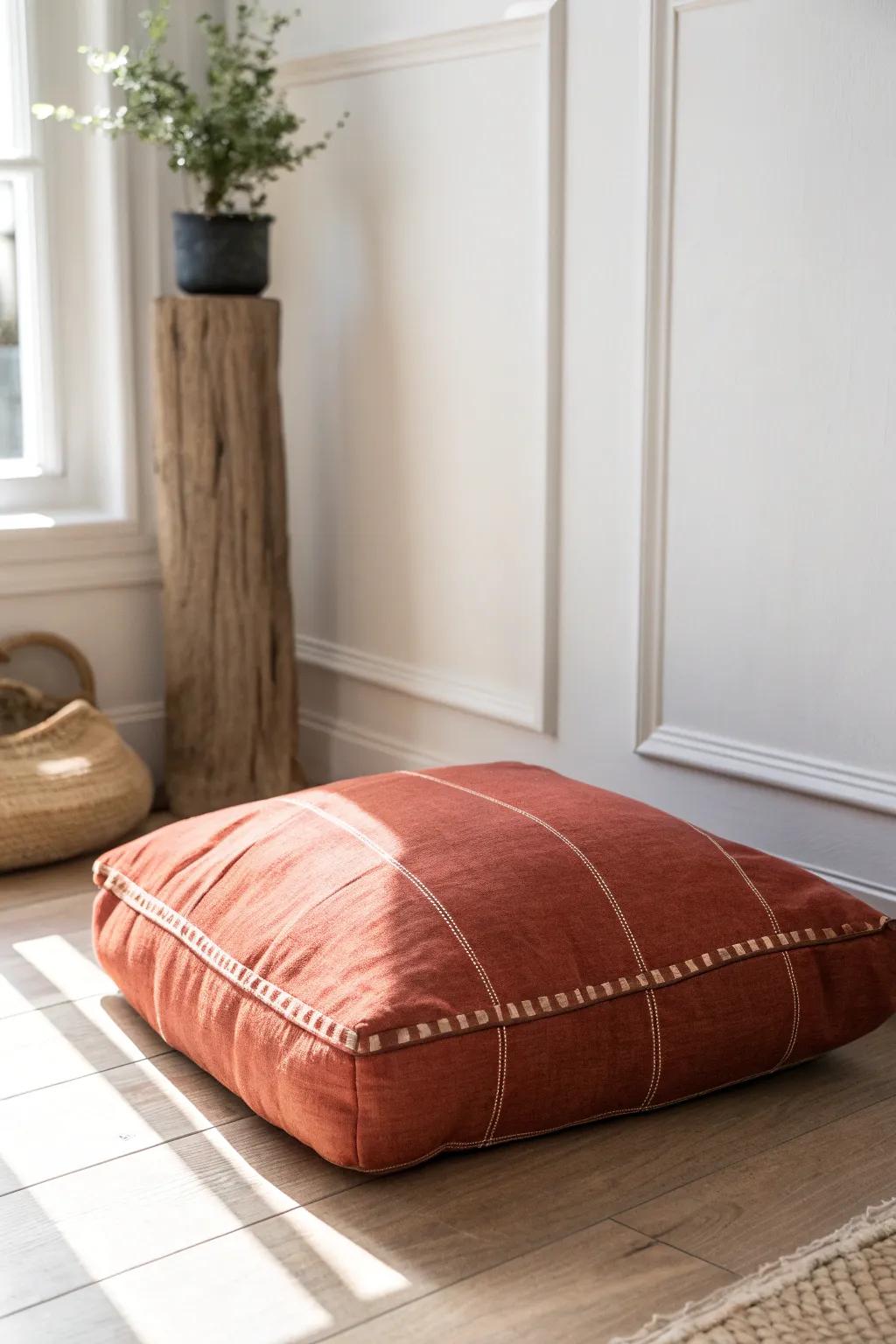 A bold terracotta floor cushion adds Scandinavian-boho comfort for cozy dorm hangouts.