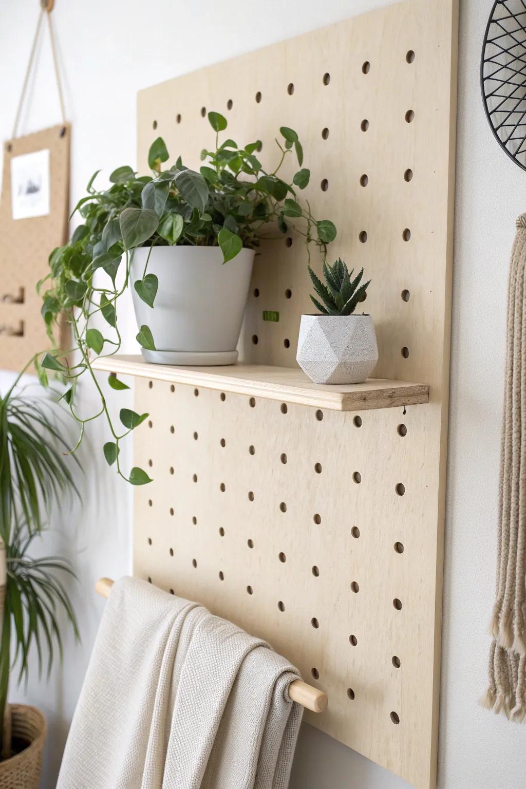 A plant pegboard shelf with trailing vines—fresh, space-saving style for tiny corners.