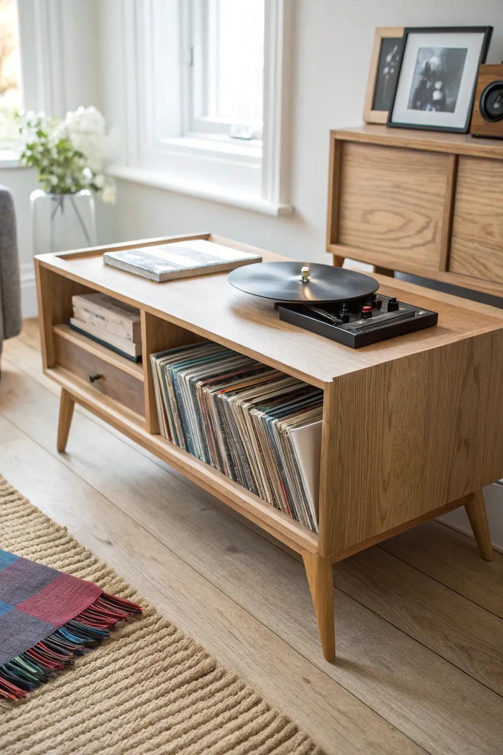 A sleek coffee table that hides vinyl cubbies—beautiful storage right where you listen.