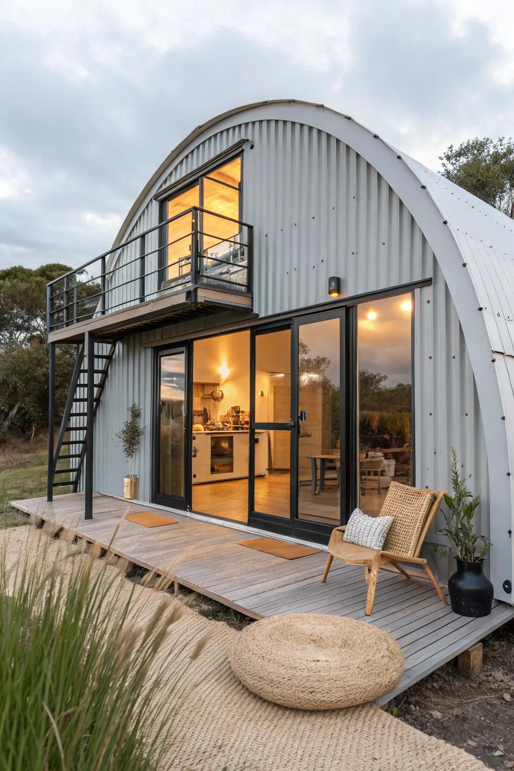 A bright Quonset hut with a glass front—open-plan calm, wrapped in warm wood curves.