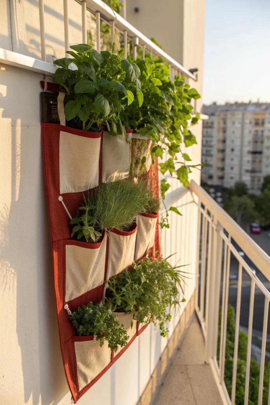 A fabric pocket living wall turns a blank balcony wall into a lush, boutique-style garden.