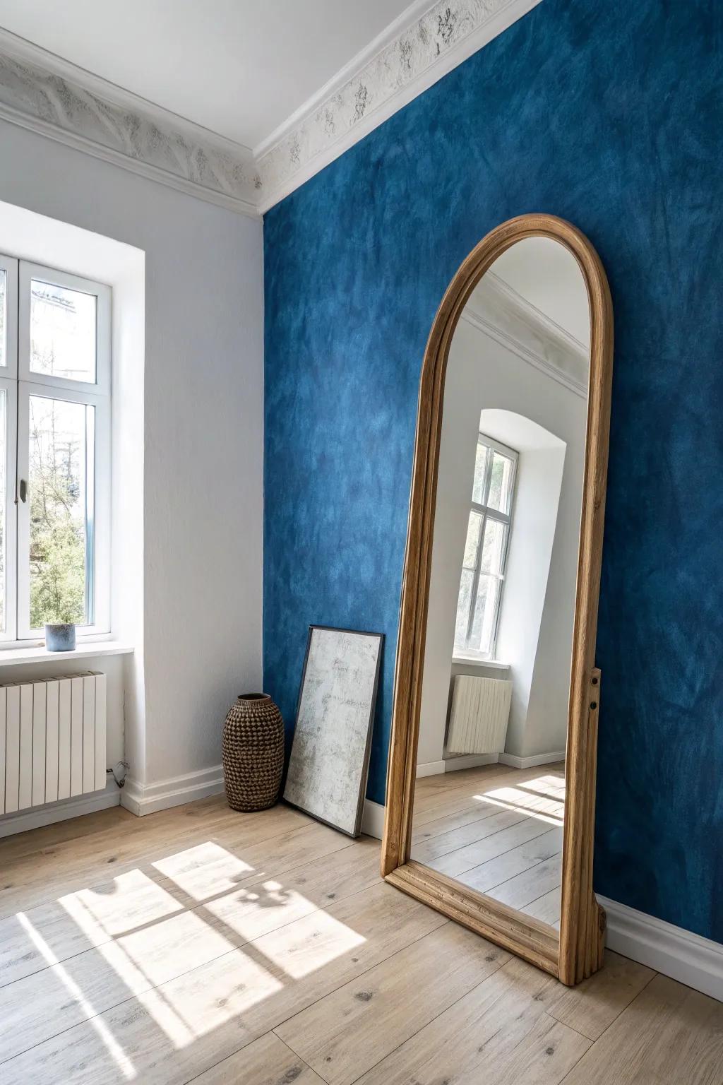 A single bold wall + one handcrafted mirror turns any tiny apartment corner into a statement.