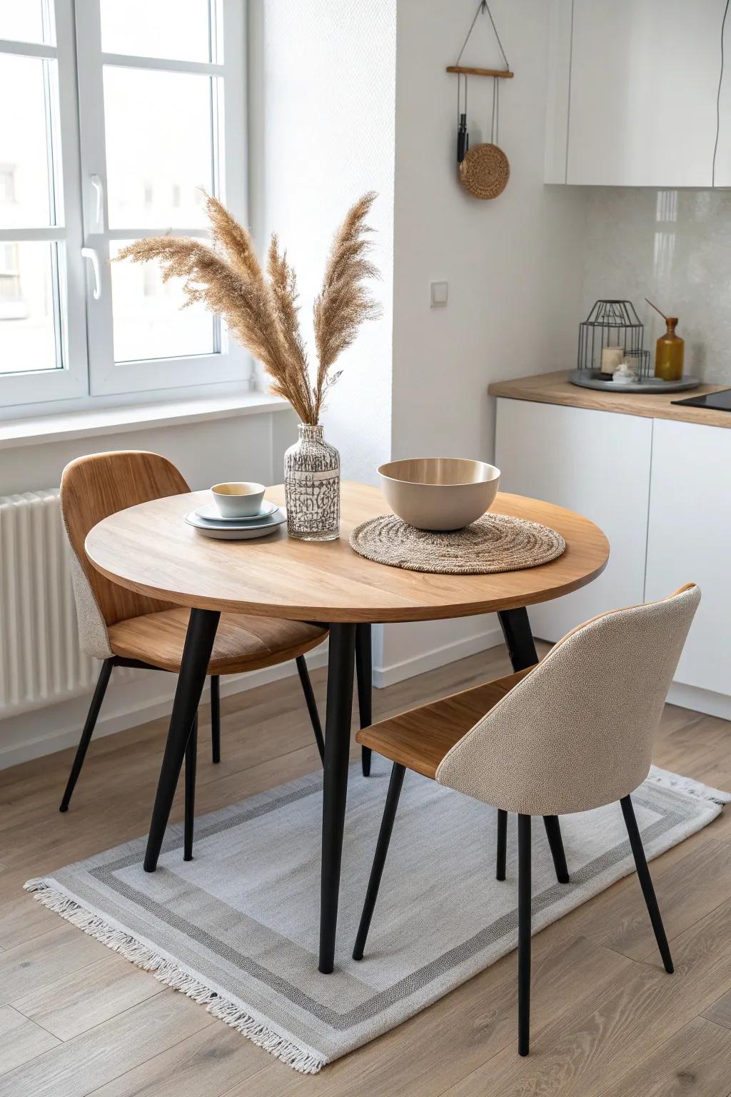 A diagonal table placement creates a clearer walkway and makes small dining areas feel dynamic.