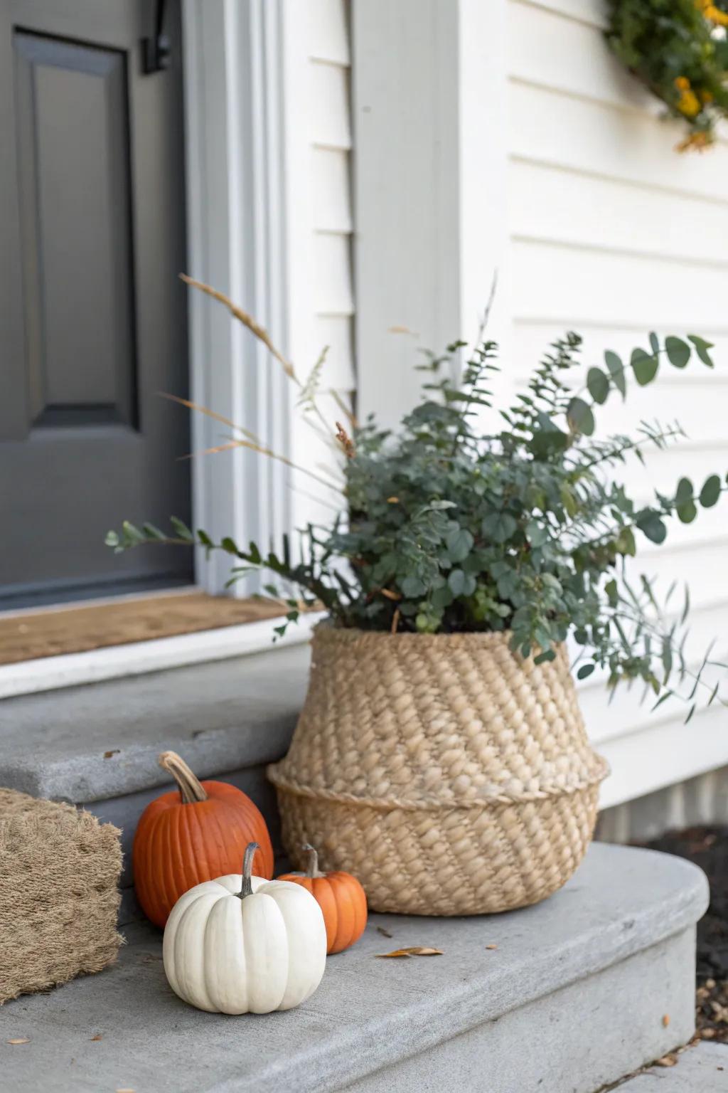 One basket, big fall impact: layer a plant and pumpkins in a single porch-side cluster.