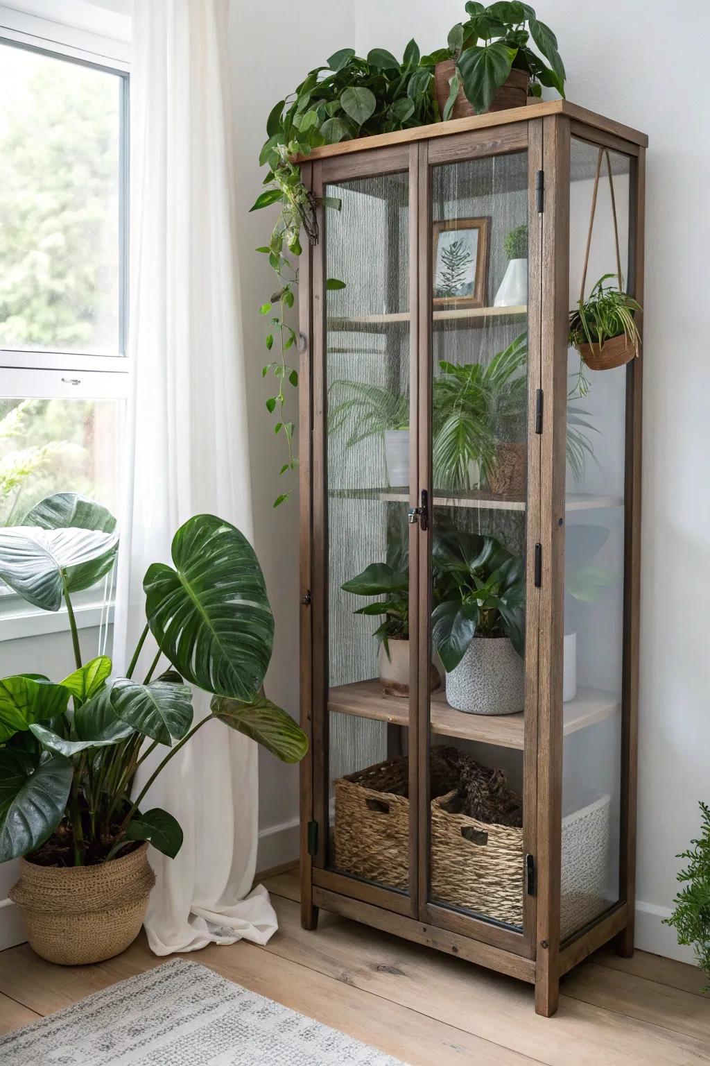 Glass-front cabinet greenhouse hack: tropical plants thrive in a chic, space-saving display.
