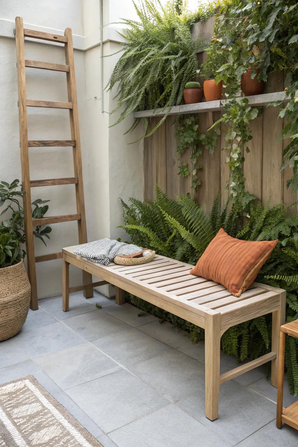 A slim outdoor bench paired with a leafy privacy wall for a cozy, hidden patio nook.