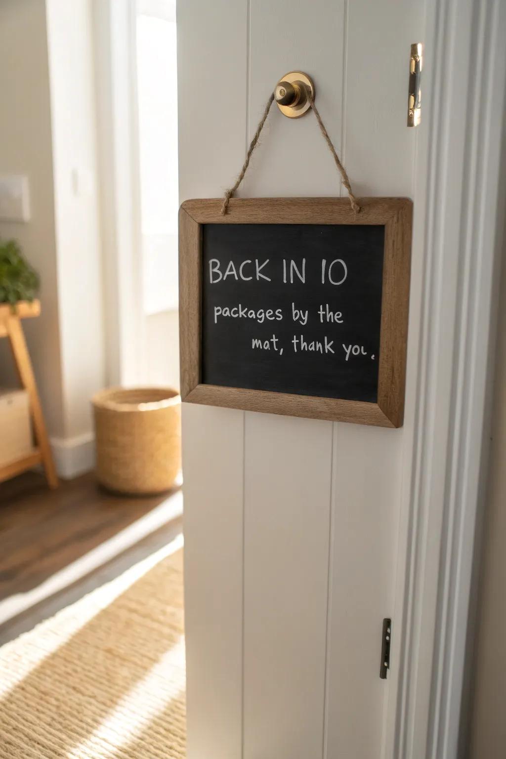 A chic chalkboard door sign for quick notes—cute, minimalist, and delivery-friendly.